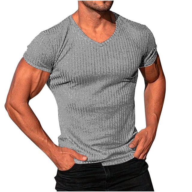 T-shirts Moulants pour Hommes, Coupe Ajustée, Muscle, Extensibles, Manches Courtes, Col en V, Musculation, Entraînement, Gym, Chandails, Tee-Shirts