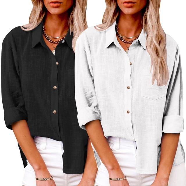 Timegard 2pc Cotton Linen Shirts for Women Plus Size Button up Side Split Blouse Fall Solid Color Tops