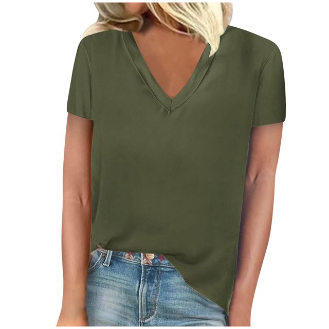 FAIWAD Womens Summer Tops Short Sleeve V Neck Pullover Shirts Loose Casual Solid Color Basic Tops