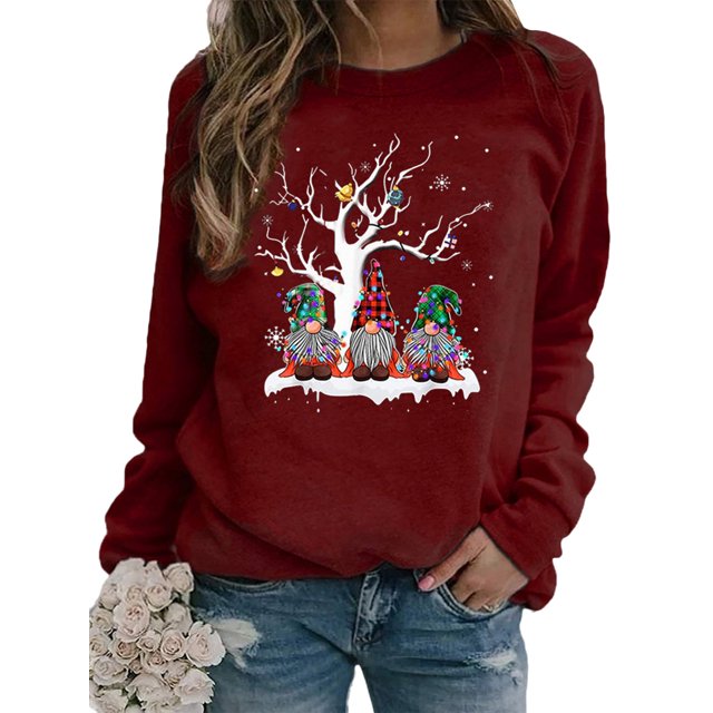 Bellella Chandail pour Femmes Col Rond Chandails en Molleton de Noël Imprimé Gnome Chandail en Molleton Chaud Manches Longues Chandail Femme Bordeaux TP