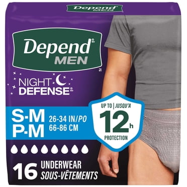 Sous-vêtement d’incontinence pour adultes Depend Night Defense pour hommes, jetables, de nuit, petits/moyens, gris, 16 unités