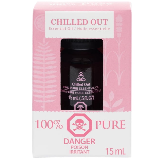 ScentSationals 100% Essential Oil - Chilled Out in a 15 mL dark glass bottle with child-proof cap, packaged in a pink and white box displaying poison and irritant warnings, ideal for aromatherapy and diffuser use.