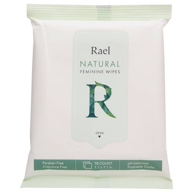 Rael Natural Feminine Wipes, 10 count, packaged in a soft white pouch with green accents and botanical design on the logo. Feminine care wipes are paraben-free, fragrance-free, and pH-balanced flushable cloths infused with aloe vera, camellia sinensis leaf, and pomegranate extracts.