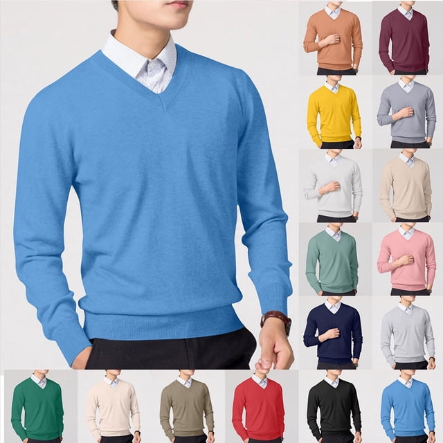 Xcmzpl Chandail-Robe à Col en V pour Hommes, Tricot, Manches Longues, Coupe Ajustée, Chandails Mode, Chandail à Enfiler, Chandail de Base Uni, Hauts de Chandail d'Automne