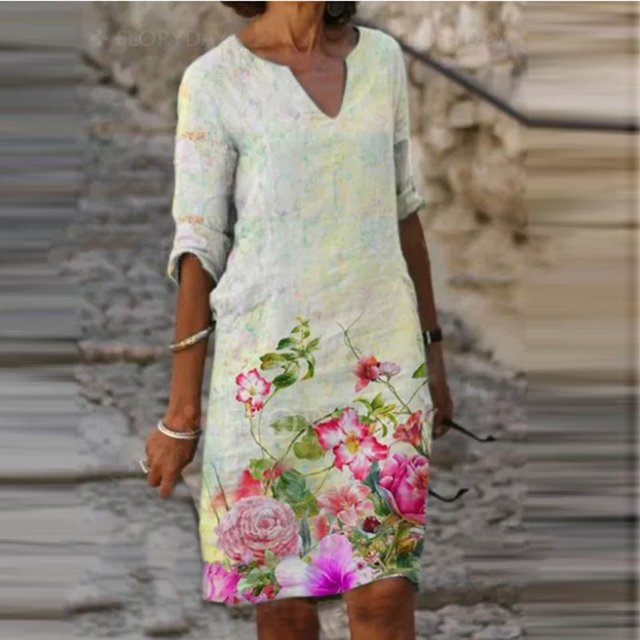 Plus Size Dress Robes pour les Femmes Mode Impression Florale Décontractée Large Size V-Cou Mi-Long sur Clearance
