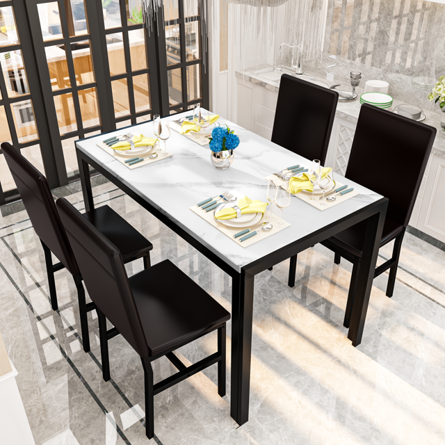 Furlinkhm Dining Table Set for 4, Faux Marble Table with 4 PU Leather Chairs, Modern Kitchen Table and Chairs for 4, Small Kitchen Table and Chairs for Dining Room, Kitchen, White