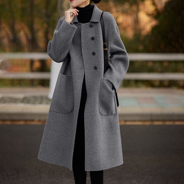 EGNMCR Manteaux Trench pour Femmes, Revers Cranté, Simple Boutonnage, Manteau Long en Laine, Hiver, Couleur Unie, Pardessus, Manteaux avec Poches