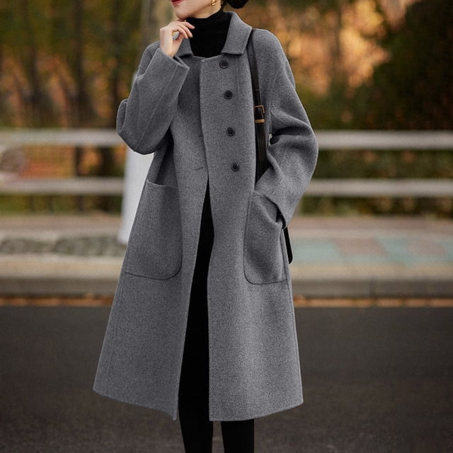 EGNMCR Trench Coats for Women Notch Lapel Single Breasted Wool Long Jacket Winter Solid Color Overcoat Coats with Pockets