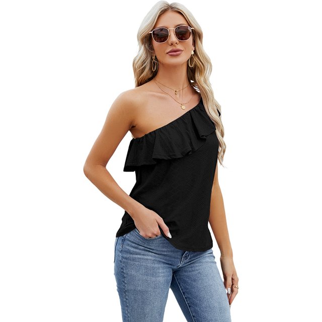 Zoeecloth Womens Tops Sleeveless Solid Color Round Neck Button Vest Tees Shirts Summer Casual Ruffled One Shoulder Vest Fashion Button Vest S-XXL