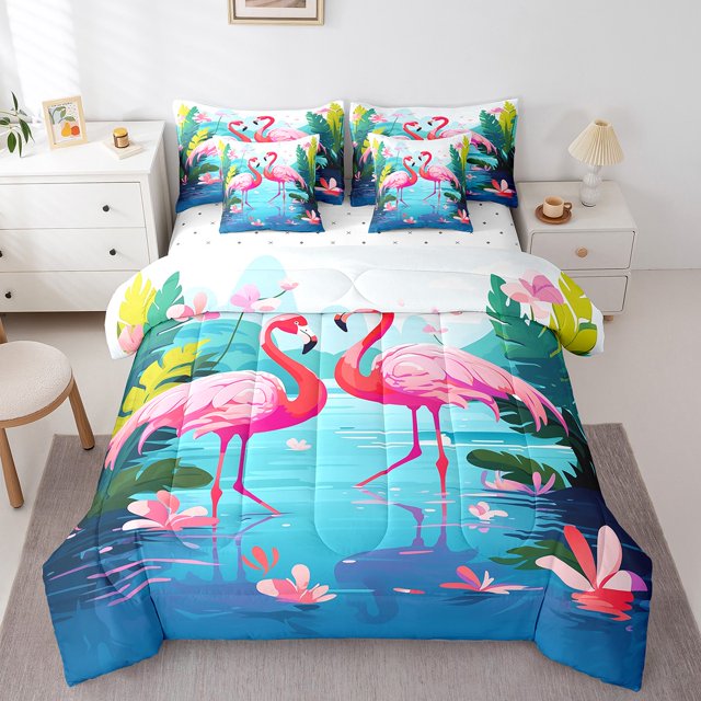 YST Flamingo 7-Piece Comforter Set, Full Size, Pink Animal Watercolor Cartoon Theme, Polyester