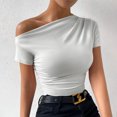 thumbnail image 4 of Plebaso Women's One Shoulder Tops Short/Long Sleeve Slim Shirts Ruched Going out Tees Shirts for Women, 4 of 6