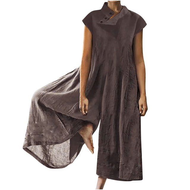 RKSTN Jumpsuits for Women Summer Casual Solid Color Cotton Linen Long Playsuit Zipper Short Sleeve Rompers