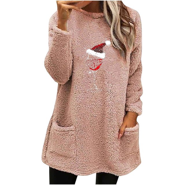 Pisexur Chandails en Molleton de Noël pour Femmes en Polaire Douce à Manches Longues Col Rond Imprimé Verre de Vin Rouge Chandail-Over Chaud d'Hiver avec Poches