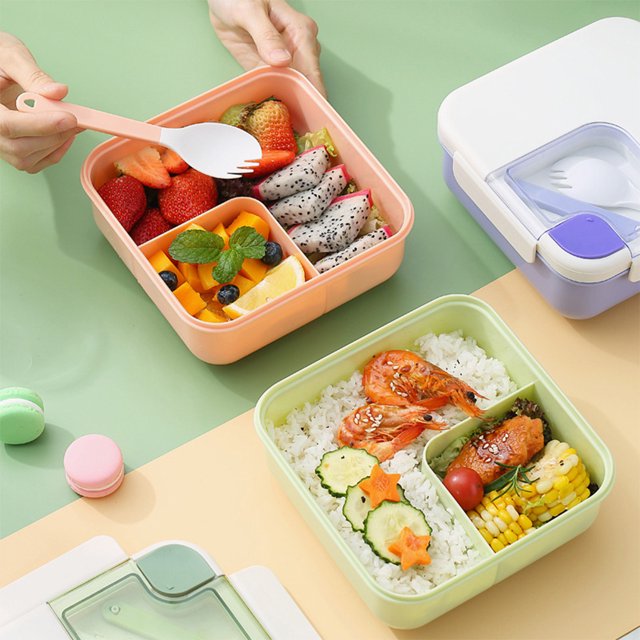 Lunch Box Compartments Portable Office Square Oven Food Container Picnic Kitchen Sealing Plastic Carrying Kitchen Organizer with Spoon Pink