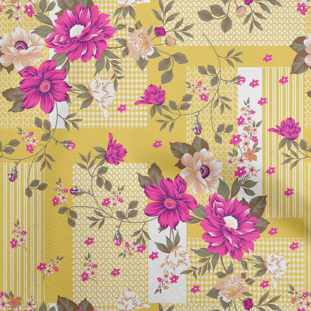 oneOone Rayon Yellow Fabric Asian Floral With Geometrical Texture Craft Projects Decor Fabric Printed By The Yard 56 Inch Wide