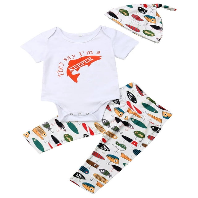 3PCS Newborn Baby Boy Fish Printed Short Sleeve Romper Printed Long Pants Sets Multicolor 0-3 Months