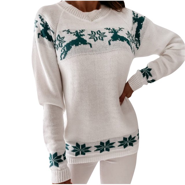 IROINID Chandail-Over en Tricot à Col Rond pour Femmes Imprimé Décontracté Mi-Long Manches Longues Chandail de Noël