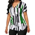 thumbnail image 4 of T-shirt pour Femme à Col en V, Haut à Rayures, Manches Courtes, Blouse à Fermeture Éclair, Blouse Ajustée en V, Vert, 4TG, 4 of 5