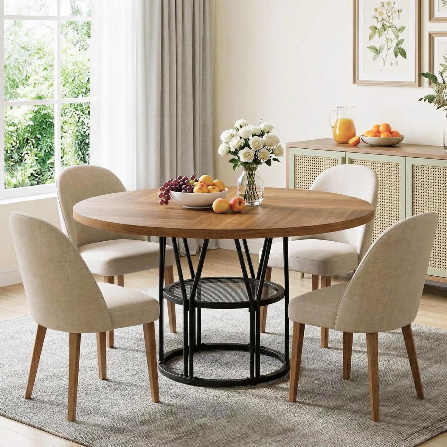 IdealHouse 47" Round Dining Table with Storage, Modern Kitchen Table for 4-6, Sturdy Metal Frame Circle Dinner Table for Small Space, Apartment, Living Room, Office - Space Saving Design，Brown