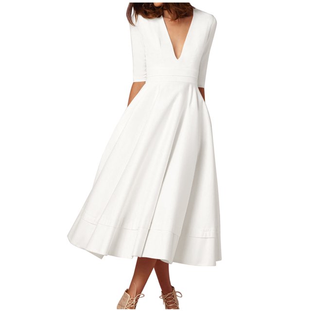 Meichang Robe Femme à Manches 3/4, Coupe Trapèze, Aguichant, Décolleté en V Profond, Robes Maxi avec Poches, Robe d'Été Évasée et Évasée, Douce et Extensible, Robe de Bal, de Soirée, de Fête