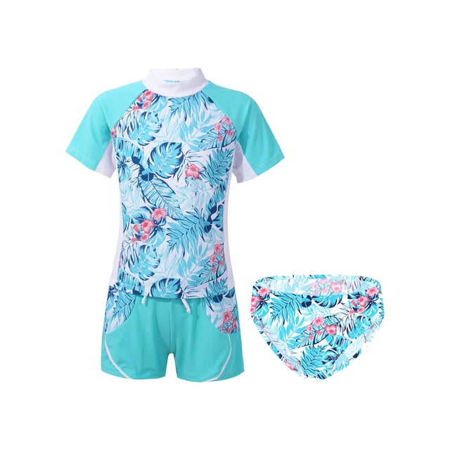 TTAO Kids Girls Short Sleeves Bathing Suits 3 Pieces Water Sports Swimming Surfing Rash Guard Set Leaf 8