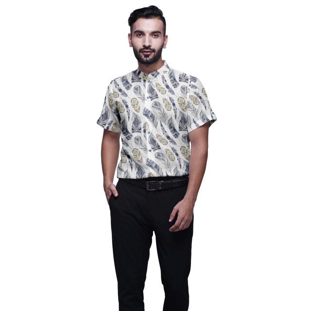 BESTMAN Chemise en Coton pour Hommes à Manches Courtes Imprimée Col Mandarin Chemise Décontractée