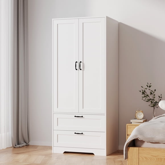 Armoire Wardrobe Closet with 2 Drawers,Modern Wooden Bedroom Armoire withDoors, Clothing Storage Cabinet withHanging Rod,for bedroom