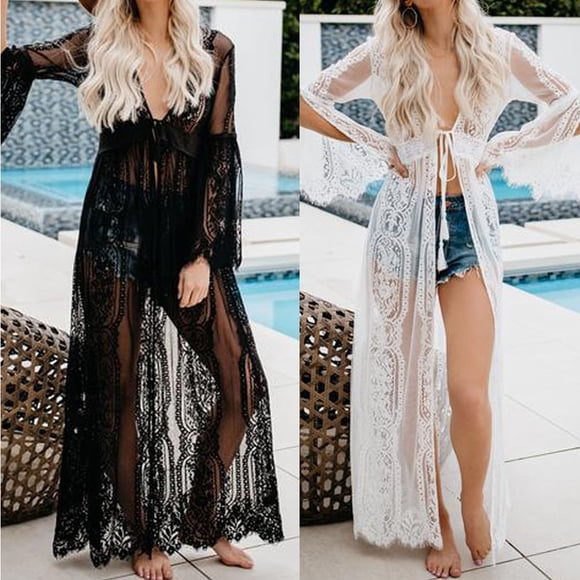 Women Boho Lace Kimono Shirt Cardigan Long Beach Cover Up Top Dress Blouse