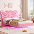 thumbnail image 1 of Homfa Queen Size Velvet Upholstered Bed with LED Lights, Floating Platform Bed Frame with Butterfly Crystal Button Tufted Headboard, Pink, 1 of 7