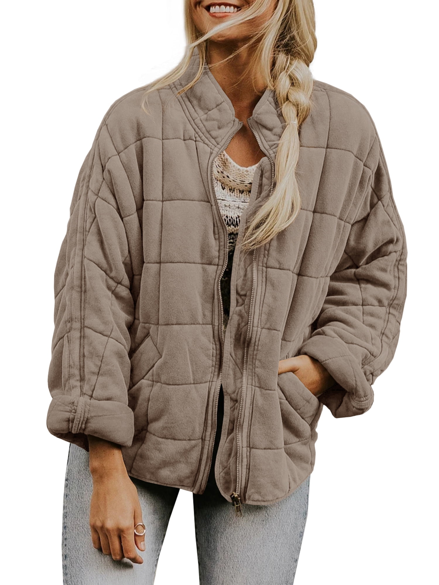 Kmbangi Women Stand Collar Long Sleeve Solid Color Full Zip Quilted Jackets
