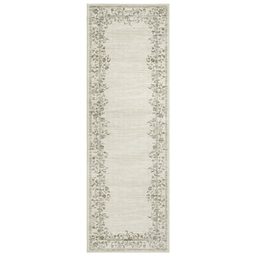 Machine Washable Runner Rug - Modern Floral Bordered, Non-Slip, Mark Resistant,Soft Low-Pile Carpet for Hallway,Entryway, Bedroom, Laundry, Bathroom, Non Shedding, Easy Clean - Beige, 2x6ft (61x183cm)
