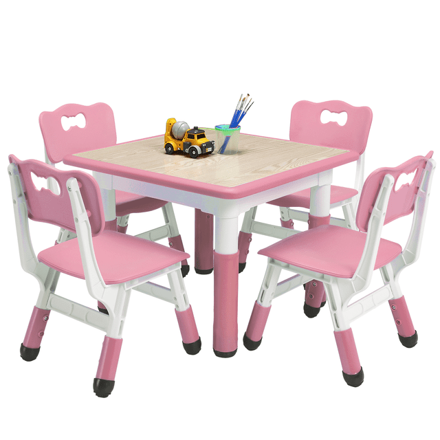 Kids Table and Chairs Set, Height Adjustable Kids Desk with 4 Chairs for Ages 2-10, Multi-Activity Kids Arts Table with Graffiti Desktop and Non-Slip Legs for Classrooms Daycares Home