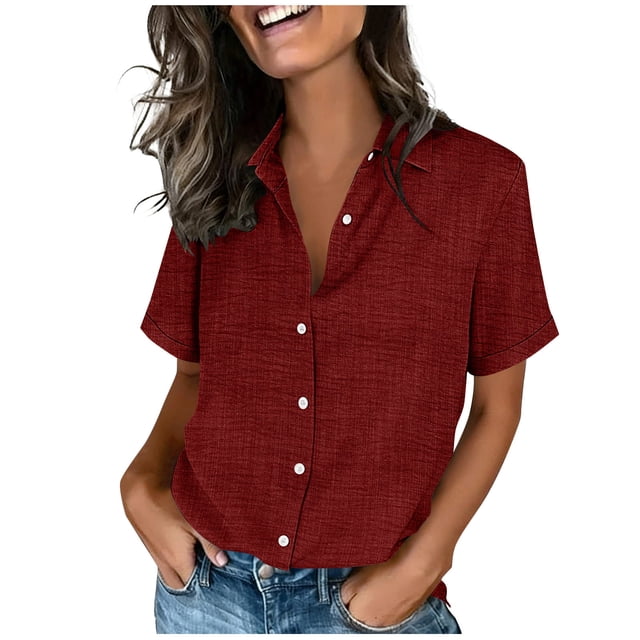 Wensltd Chemises à Boutons à Col Rabattu pour Femmes, Couleur Unie, Manches Courtes, Décontractées, Amples, Douces, Col en V, Chemises de Travail