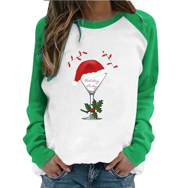 Womens Spring Patchwork Christmas Printed Long Sleeves Round Neck Casual Tee Tops