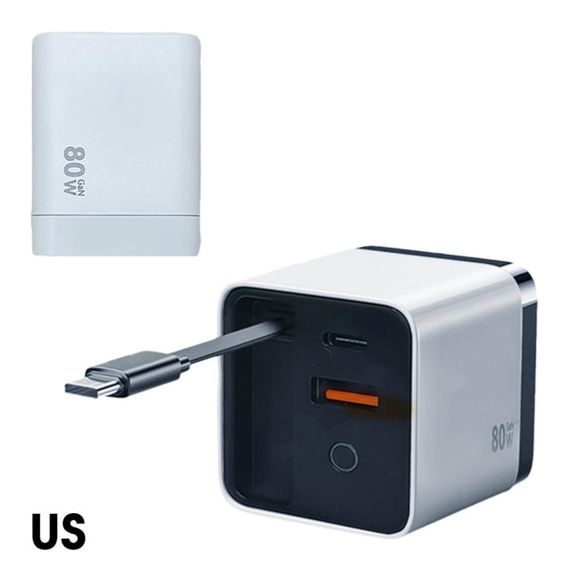 Chargeur Gan 3 en 1, Rétractable 80 W Max, Module de Charge Rapide Extensible 80 W Max avec Câble Type‐C et 2 Ports USB, Prise Murale Rétractable Tout‐en‐un de 80 Watts pour Téléphone et Ordinateurs Portables