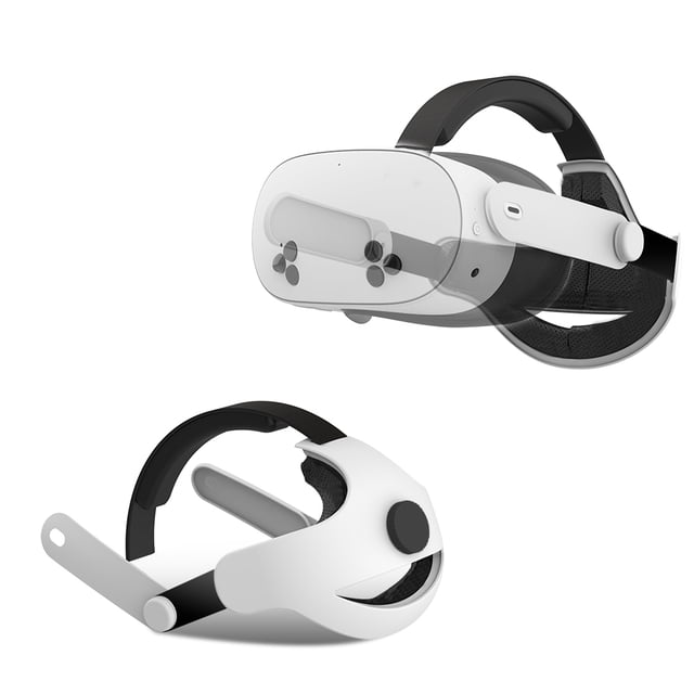 Adjustable Lightweight VR Head Strap compatible with Meta Quest 3S, shown in a dual-view layout. The top image displays the strap attached to a Meta Quest 3S headset, highlighting its ergonomic design and rear counterweight for balance. The bottom image shows the standalone head strap, featuring an adjustable knob, breathable PU leather padding, and a detachable forehead bracket with ventilation. Designed for 25-33 cm head circumference, it offers an 8-point support system to reduce facial pressure and a 180° flip mechanism for seamless VR-to-reality transitions.