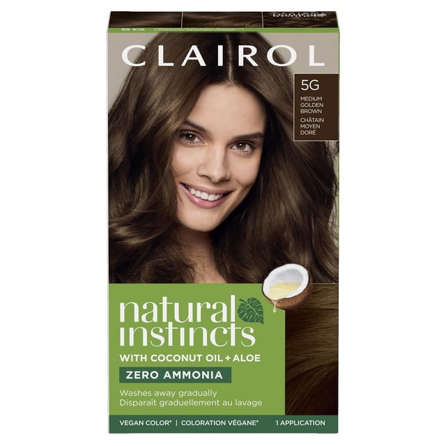 Clairol Natural Instincts Demi-Permanent Hair Color box in 5G Medium Golden Brown shade featuring wavy medium brown hair, highlighting zero ammonia and vegan formula with coconut oil and aloe for gentle conditioning and gradual washout, suitable for semi-permanent hair colour care.