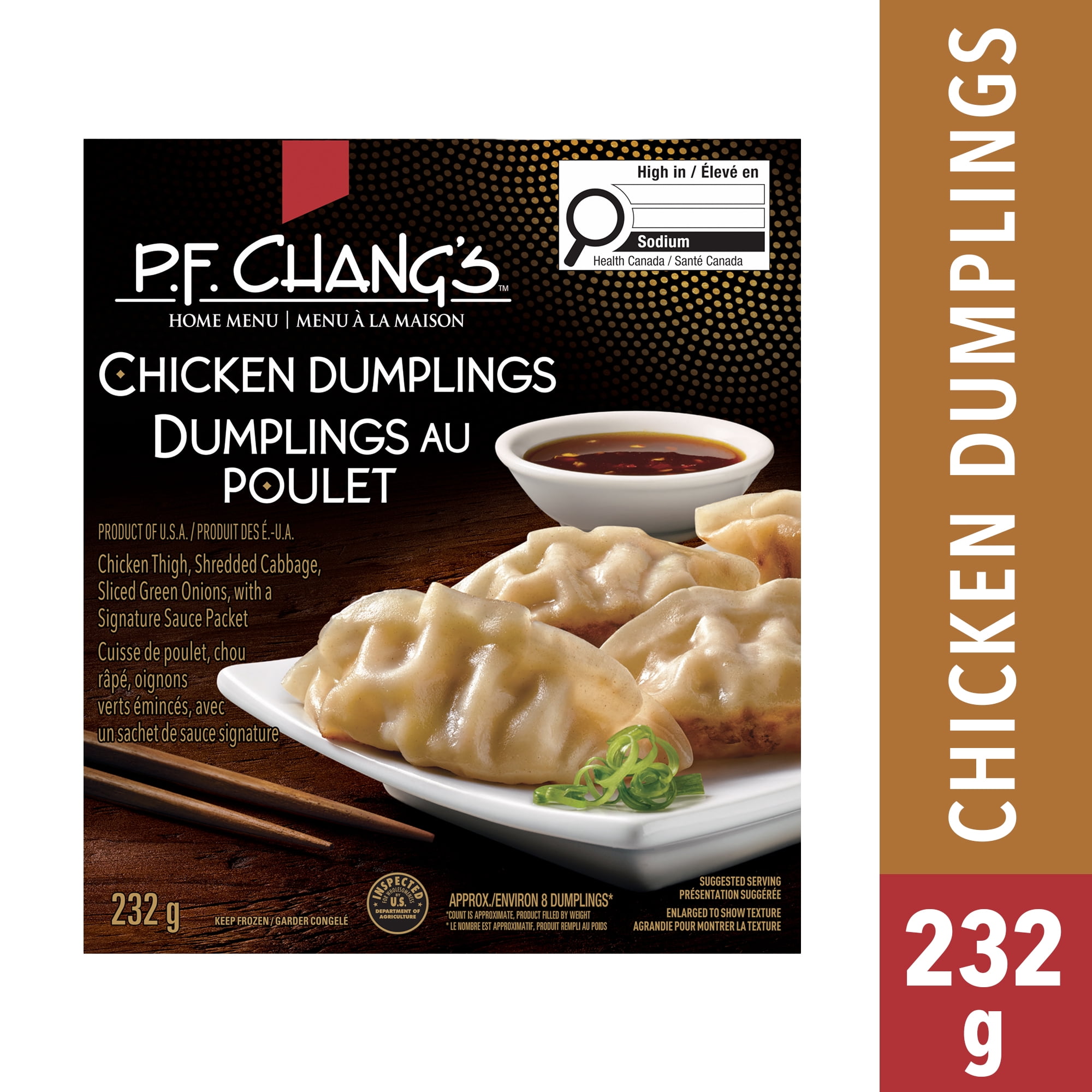 Dumplings au poulet P.F. Chang's Menu à la maison congelé, Cuisse De Poulet, Chou Râpé, Oignons Verts Émincés, Avec Un Sachet De Sauce Signature 232g