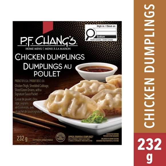 Dumplings au poulet P.F. Chang's Menu à la maison congelé, Cuisse De Poulet, Chou Râpé, Oignons Verts Émincés, Avec Un Sachet De Sauce Signature 232g