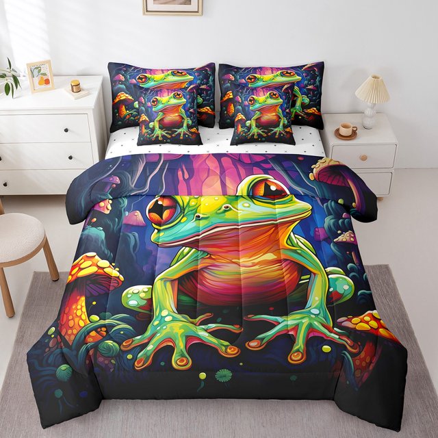 YST Colorful Frog Comforter Set Queen 7 Piece Mushroom Frog Bed in a Bag Trippy Room Decor,Rustic Country Cartoon Animal Bedding Set with 2 Sheets,2 Pillowcases,2 Throw Pillow Covers