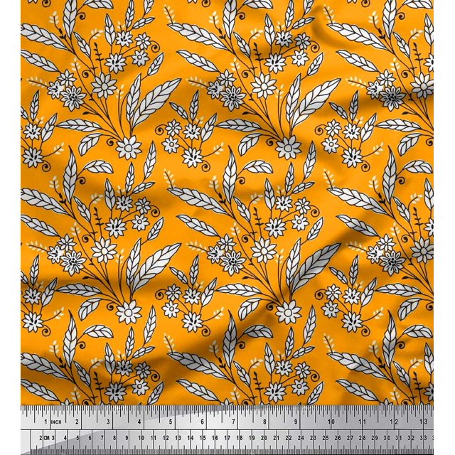Soimoi Poly Georgette Fabric Leaves & Floral Block Print Fabric by The Yard 52 Inch Wide