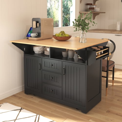 55.7'' Kitchen Island with 2 Drop Leaf for 4-6 Seating,Rolling Kitchen Cart on 5 Wheels with Power Outlet, Folding Dining Table with Spice & Towel Rack, 3 Drawers