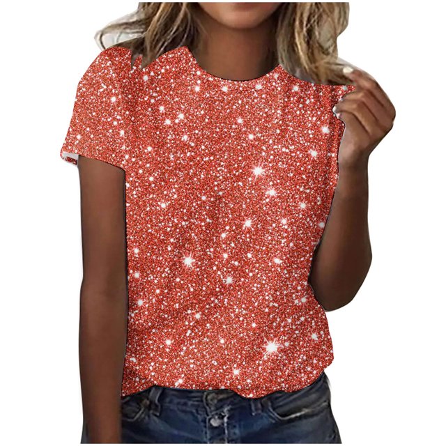 Plebaso T-Shirts de Mode pour Femmes à Imprimé Scintillant, Manches Courtes, T-Shirts Graphiques, Hauts Décontractés à Col Rond