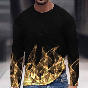 Meichang Long Sleeve T Shirt Men Soft,Men's Graphic Tees Vintage 3D Flames Print T-Shirts Fashion Round Neck Athletic Long Sleeve Shirts for Men