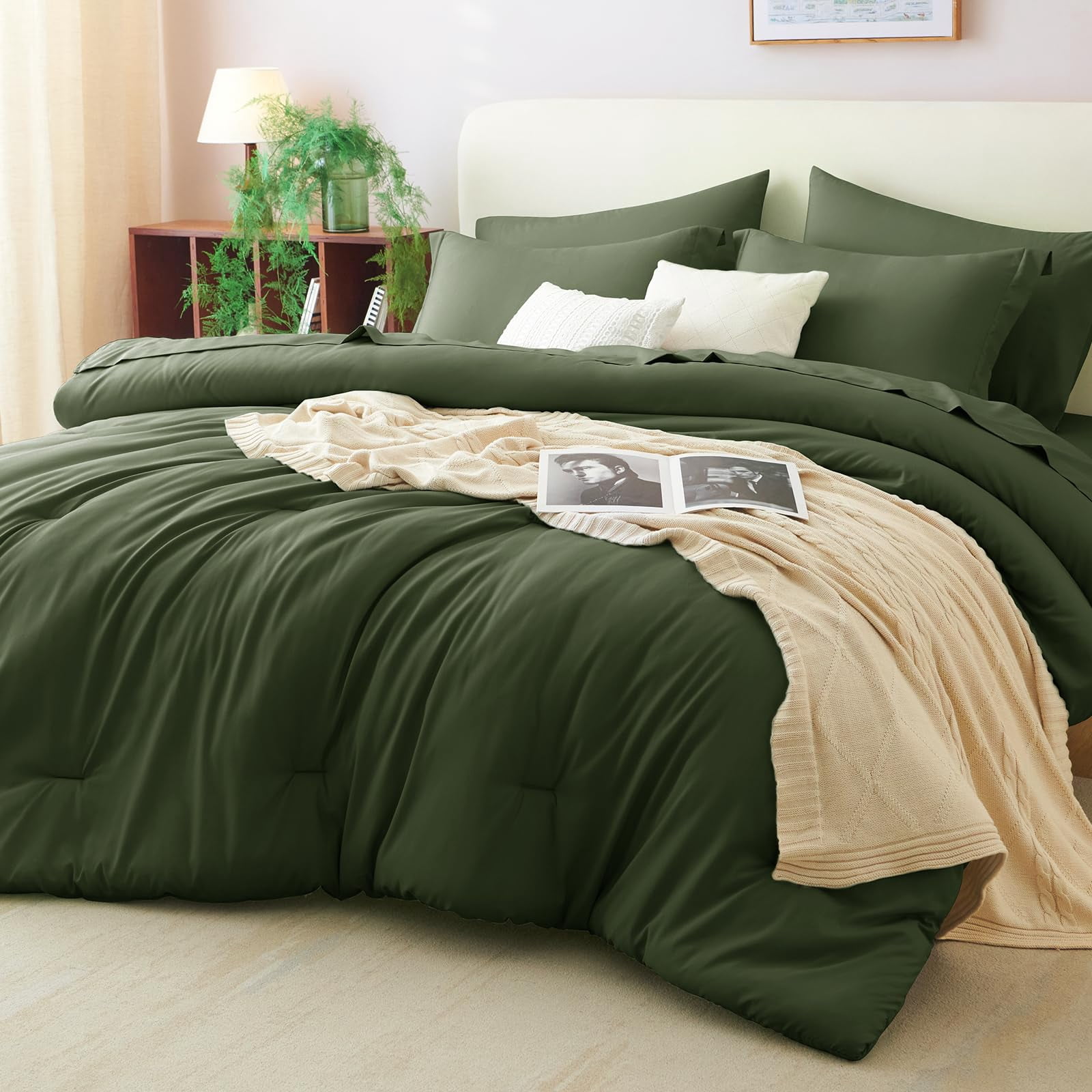 CozyLux King Size Comforter Set Olive Green 7 Pieces Bed in a Bag King Comforter Set with Sheets Bedding Set with Down Alternative Comforter Fitted Sheets Flat Sheets Pillow Shams and Pillowcases
