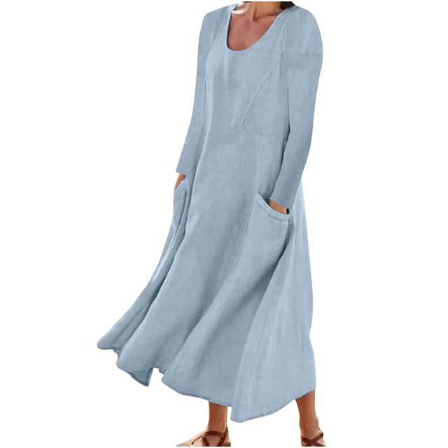 XZNGL Robe à Manches Longues Femme Mode Femmes Robe à Manches Longues Couleur Unie Coton Lin Col Rond Robe avec Poches Robe à Manches Longues pour Femmes Robe à Manches Longues pour Femmes Robe Longue à Manches Longues pour Femmes