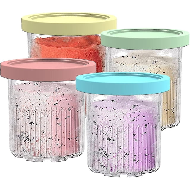 Compatible with Ninja NC501 NC500 Series Creami Deluxe Ice Cream Makers, this set includes four 24-ounce transparent pint containers with colourful lids in yellow, pink, green, and blue. Designed for making and storing ice cream, sorbets, shakes, and slushies, these BPA-free containers feature a textured, non-slip surface and tightly sealed lids to prevent spills. Suitable for temperatures ranging from -22°F to 302°F (-30°C to 150°C), they are dishwasher safe and easy to clean.