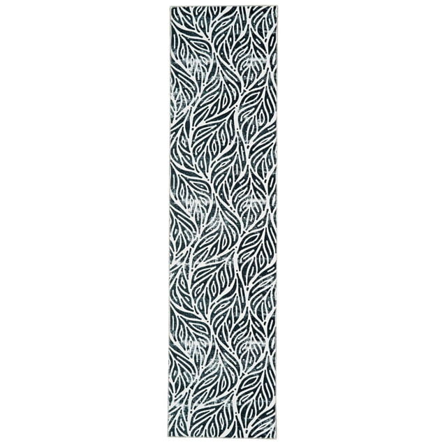 Leona 2' x 8' washable runner rug in ivory and black featuring a geometric leaf pattern, made of stain-resistant 100% polyester with nonslip backing, suitable for high-traffic areas and machine washable for easy maintenance, often used in kitchens, hallways, or laundry rooms.