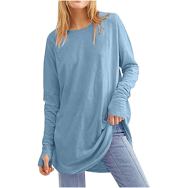 Tuniques à Manches Longues pour Femmes avec Trous pour les Pouces, Couleur Unie, T-Shirts Décontractés Amples, Automne, Tendance, Col Rond, Chandail à Enfiler, Blouses, Bleu, M