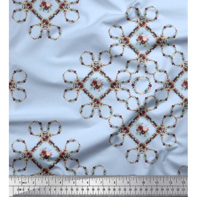 Soimoi Blue Rayon Fabric Floral Wreath Geometric Print Fabric by the Yard 58 Inch Wide
